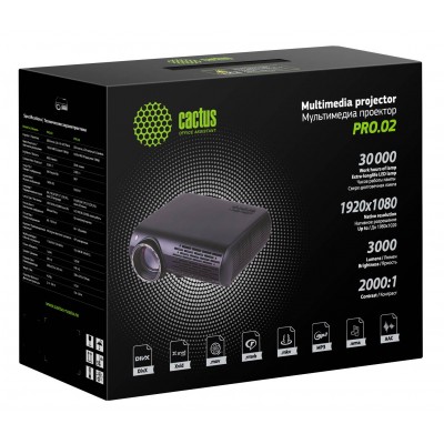 Проектор Cactus CS-PRO.02B.Full HD, 1920х1080, 2000:1, 3000lm, черный (cs-pro.02b.wuxga)