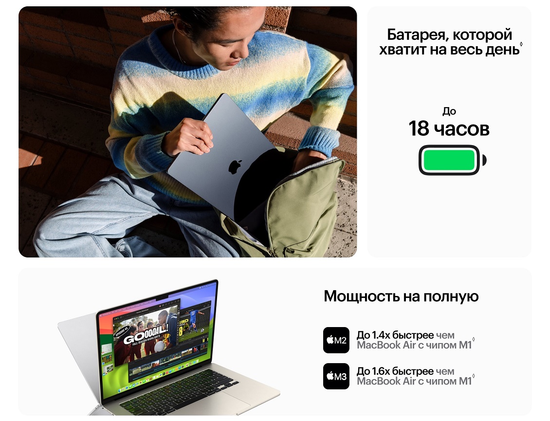 Apple MacBook Air (M3, 2024) Автономность до 18 часов