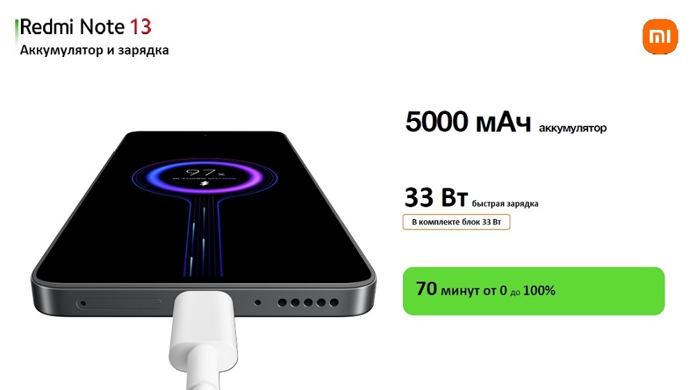 XIAOMI Redmi Note 13 Аккумулятор 5000 мАч, зарядка 33 Вт