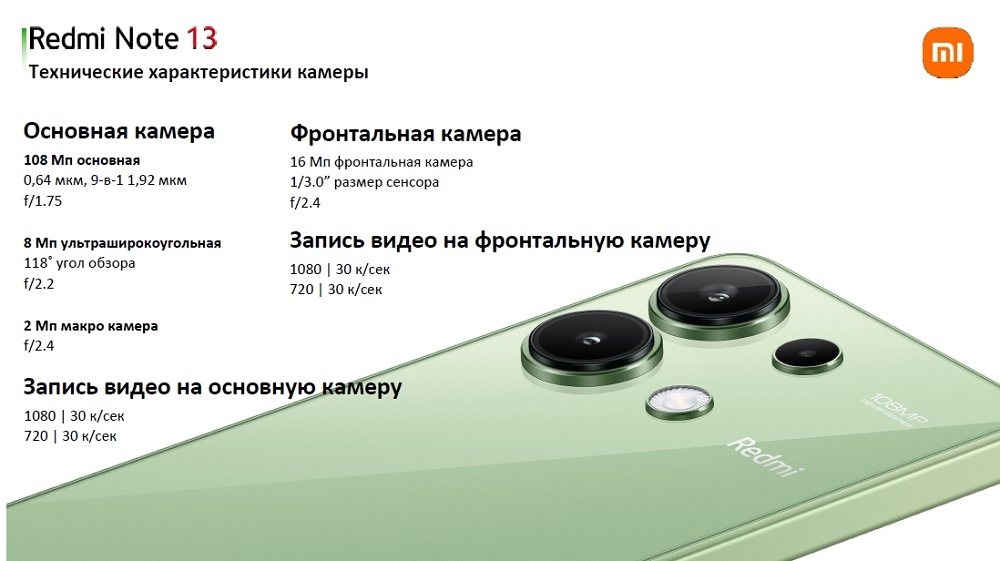XIAOMI Redmi Note 13 Технические характеристики камеры