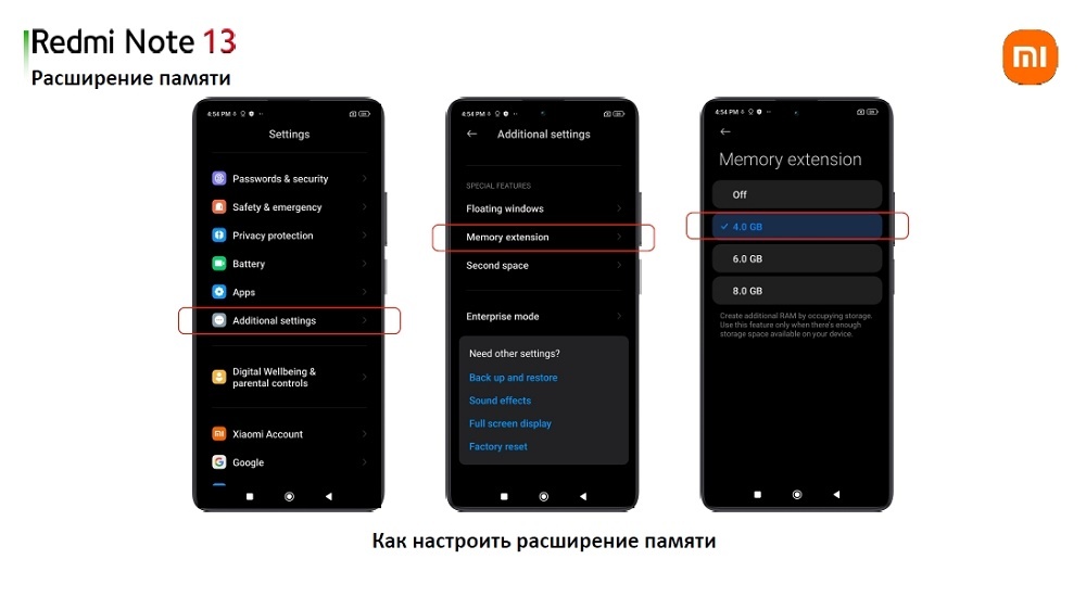 XIAOMI Redmi Note 13 Настройка расширения памяти