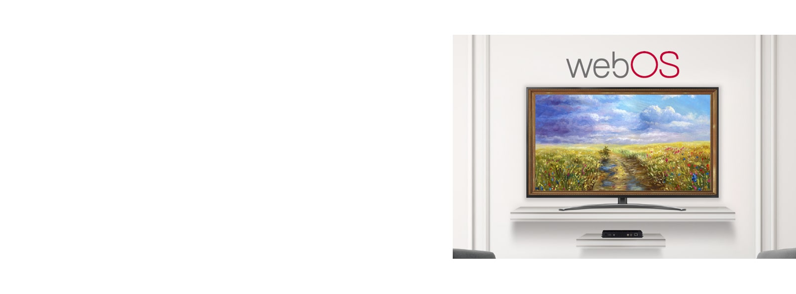 A TV connected to the STB6500 is screening an art piece with Gallery Mode based on webOS 5.0.